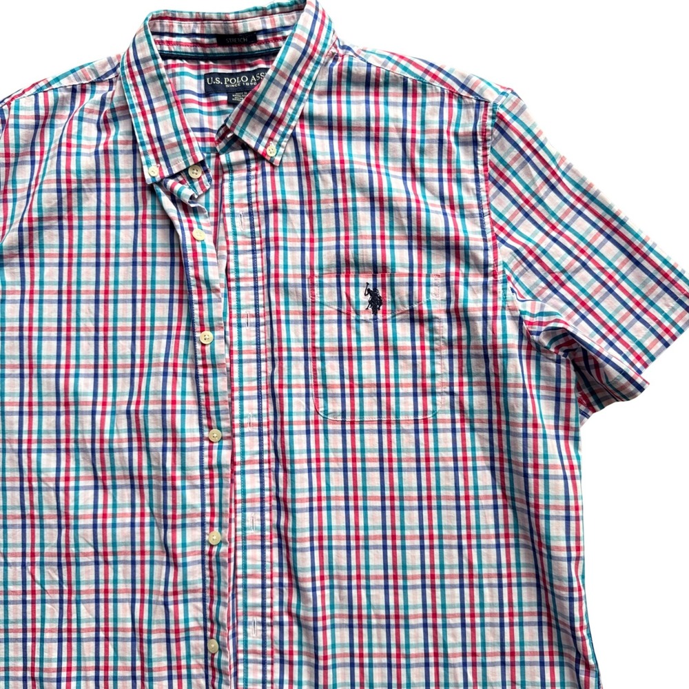U.S. Polo Assn Button Down Shirt Mens XL Plaid Short Sleeve Stretch preppy horse - Picture 2 of 8